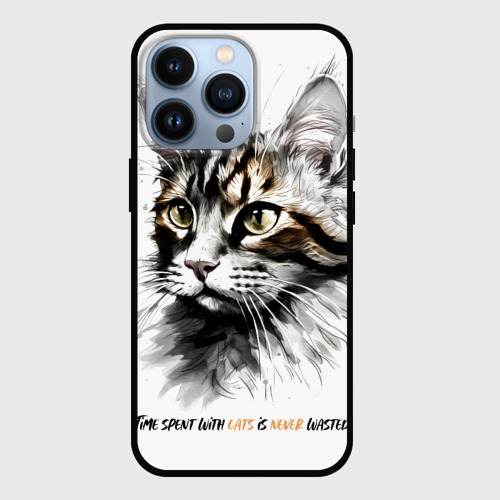 Чехол для iPhone 13 Pro Время с кошкой никогда не потрачено зря, цвет черный