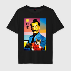 Мужская футболка хлопок Oversize Salvador Dali and cat - Japan style