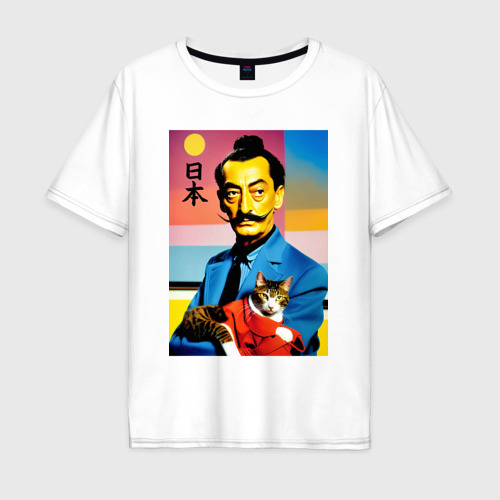 Мужская футболка из хлопка оверсайз с принтом Salvador Dali and cat - Japan style, вид спереди №1