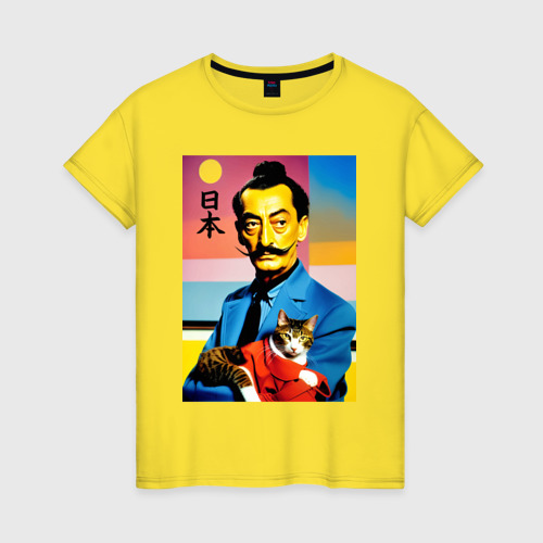 Женская футболка хлопок с принтом Salvador Dali and cat - Japan style, вид спереди #2