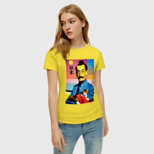 Женская футболка хлопок с принтом Salvador Dali and cat - Japan style, фото на моделе #1