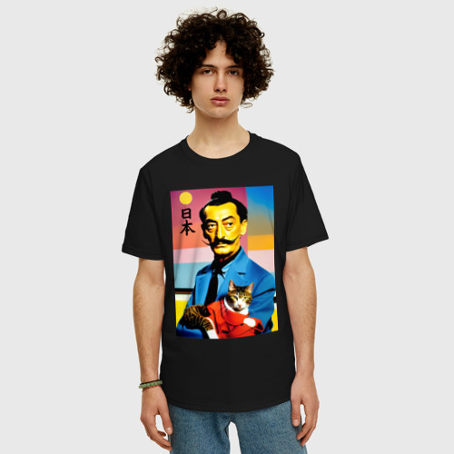 Мужская футболка хлопок Oversize Salvador Dali and cat - Japan style, цвет черный - фото 3