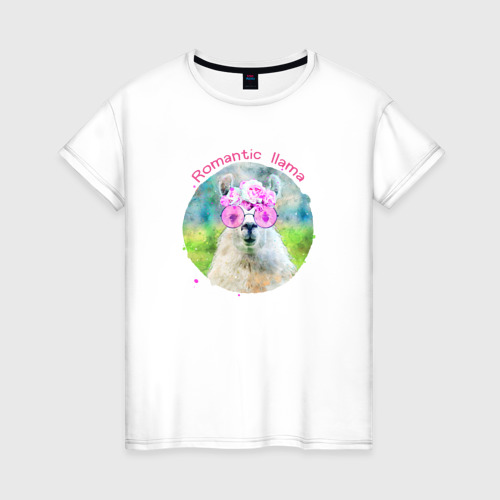 Женская футболка из хлопка с принтом Romantic llama, вид спереди №1