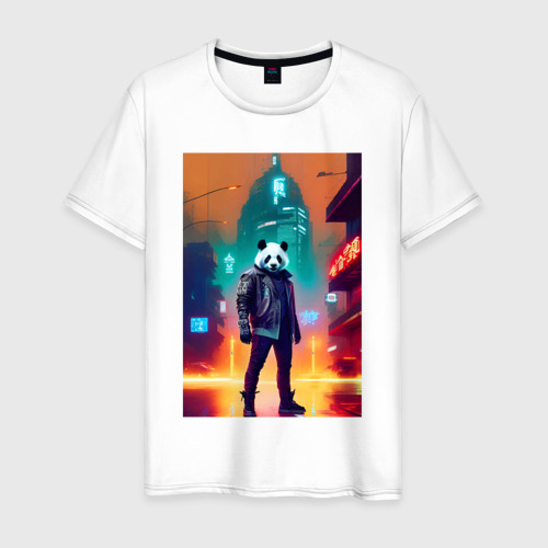 Мужская футболка из хлопка с принтом Крутой панда хозяин неонового города, вид спереди №1