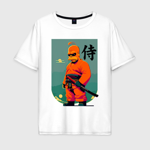 Мужская футболка оверсайз из хлопка с принтом Гомер Симпсон - самурай - нейросеть, вид спереди №1