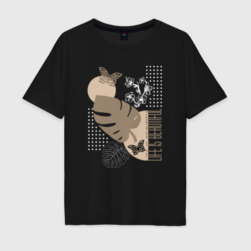 Мужская футболка хлопок Oversize с принтом Листья и бабочки в бежевых тонах, вид спереди #2