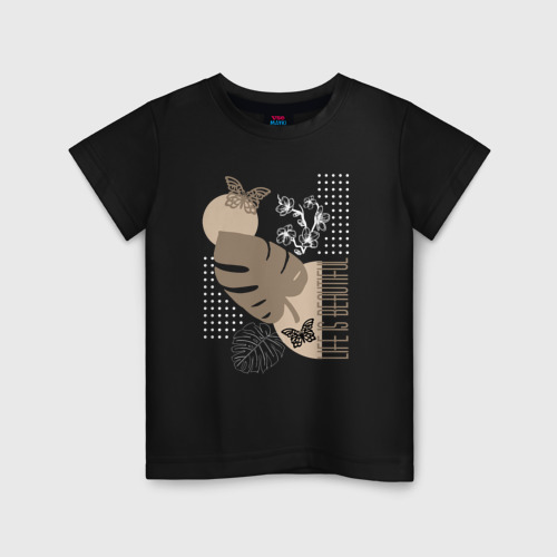 Детская футболка хлопок с принтом Листья и бабочки в бежевых тонах, вид спереди #2