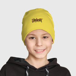 Шапка с принтом Slipknot молнии для ребенка, вид на модели спереди №2. Цвет основы: желтый