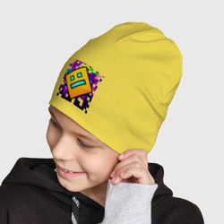 Шапка с принтом Geometry Dash pixel для ребенка, вид на модели спереди №3. Цвет основы: желтый