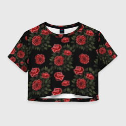 Женская футболка Crop-top 3D Красные розы на черном - паттерн