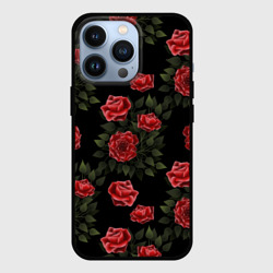 Чехол для iPhone 13 Pro Красные розы на черном - паттерн