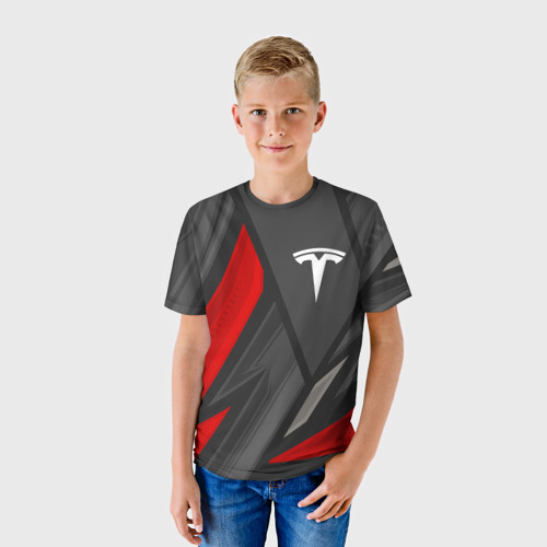 Детская футболка 3D с принтом Tesla sports racing, фото на моделе #1