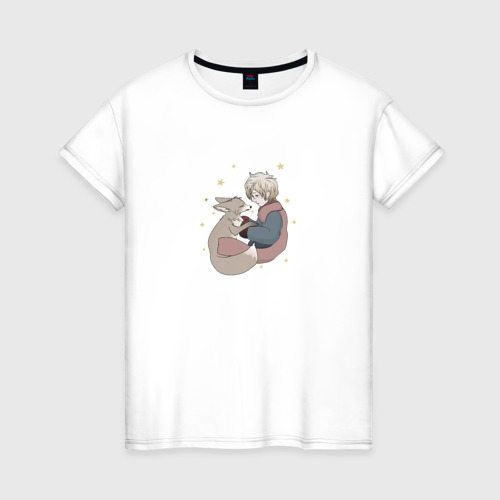 Женская футболка из хлопка с принтом Маленький принц и лисенок, вид спереди №1