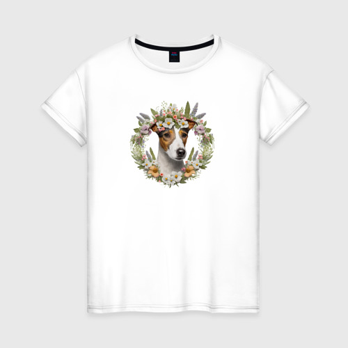 Женская футболка из хлопка с принтом Весна в душе - фокстерьер гладкошерстный, вид спереди №1