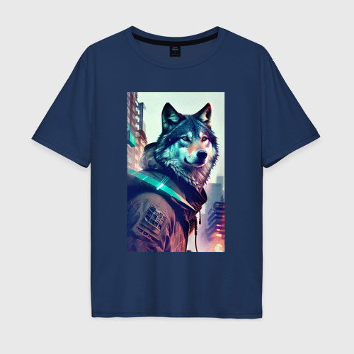 Мужская футболка хлопок Oversize Волк - житель мегаполиса, цвет темно-синий
