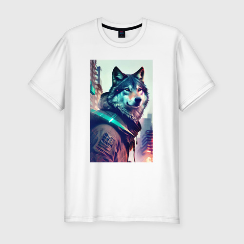 Мужская футболка хлопок Slim с принтом Волк - житель мегаполиса, вид спереди #2