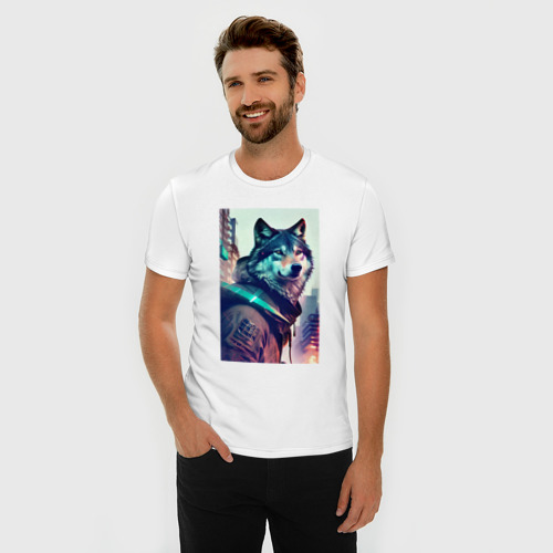 Мужская футболка хлопок Slim с принтом Волк - житель мегаполиса, фото на моделе #1