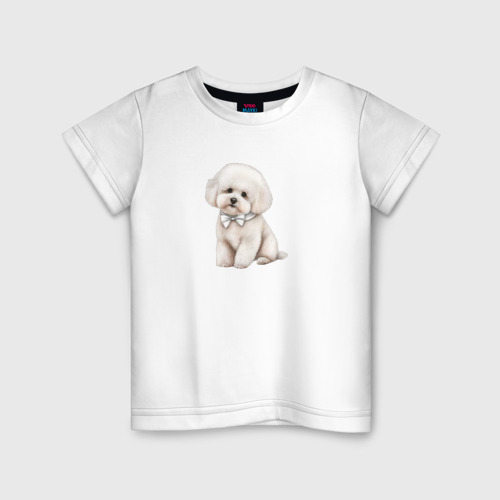 Детская футболка хлопок Милый бишон фризе с бантиком, цвет белый