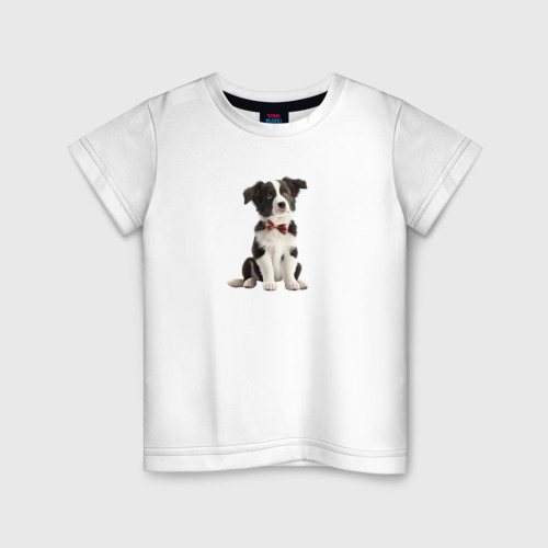Детская футболка из хлопка с принтом Щенок бордер-колли с бантиком, вид спереди №1