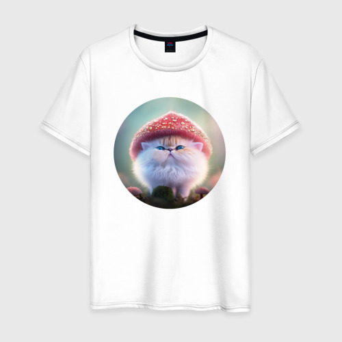 Мужская футболка из хлопка с принтом Котенок-гриб, вид спереди №1