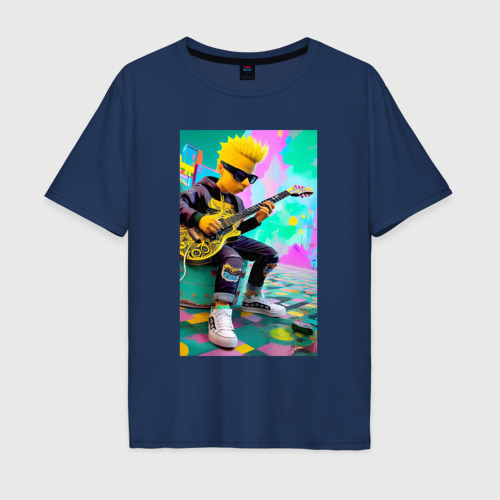 Мужская футболка хлопок Oversize Барт Симпсон играет на гитаре, цвет темно-синий
