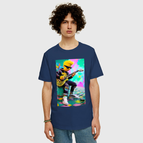 Мужская футболка хлопок Oversize Барт Симпсон играет на гитаре, цвет темно-синий - фото 3