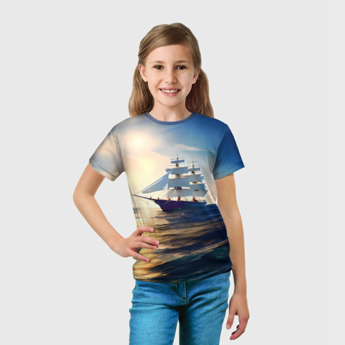 Детская футболка 3D с принтом Парусный корабль бриг, вид сбоку #3