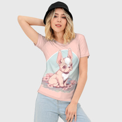 Женская футболка 3D Slim Щенок французского бульдога с цветами - фото 2