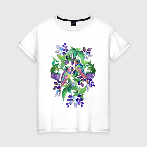 Женская футболка из хлопка с принтом Волшебные колибри, вид спереди №1