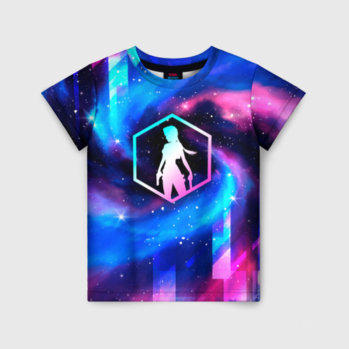 Детская футболка с принтом Tomb Raider неоновый космос, вид спереди №1