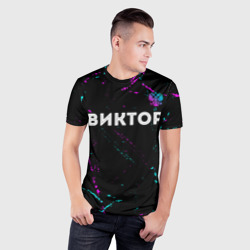 Мужская футболка 3D Slim Виктор и неоновый герб России: символ сверху - фото 2