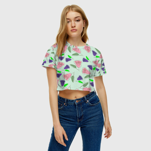 Женская футболка Crop-top 3D Роза с листьями абстракция, цвет 3D печать - фото 3