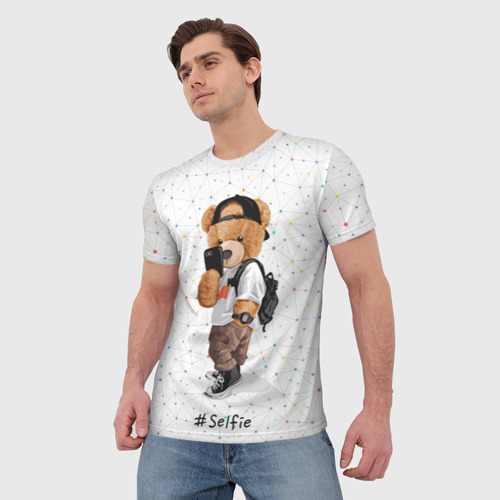 Мужская футболка 3D с принтом Медведь делает сэлфи, фото на моделе #1
