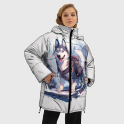 Женская зимняя куртка Oversize Хаски на фоне снежного города - фото 2