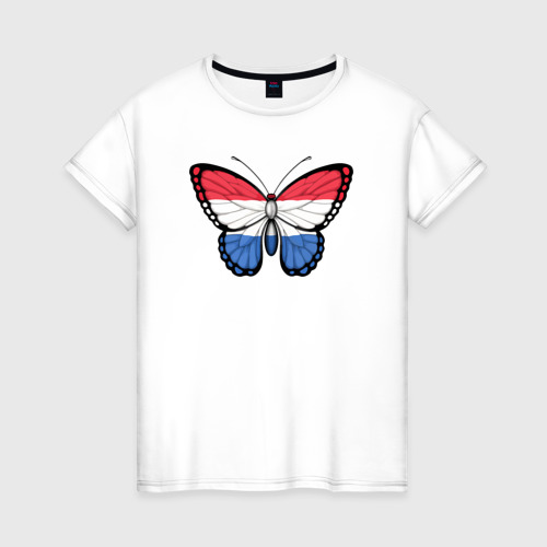 Женская футболка из хлопка с принтом Нидерланды бабочка, вид спереди №1