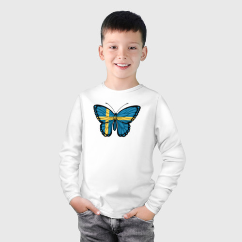 Детский лонгслив хлопок с принтом Швеция бабочка, фото на моделе #1