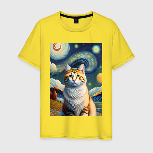 Мужская футболка хлопок Кот Ван Гога - нейросеть, цвет желтый