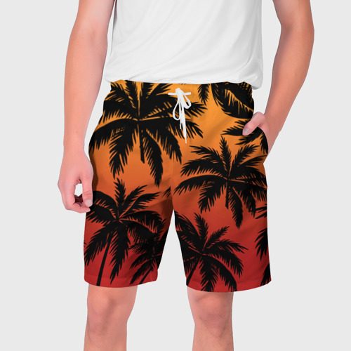 Мужские шорты 3D с принтом Пальмы на красном закате, вид спереди #2