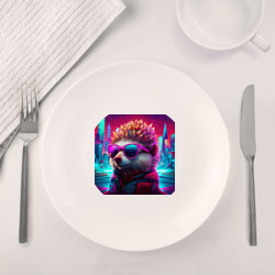 Набор: тарелка + кружка Ежик на фоне неонового города - фото 2