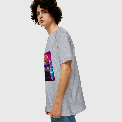 Мужская футболка хлопок Oversize с принтом Ежик на фоне неонового города, вид сбоку #3