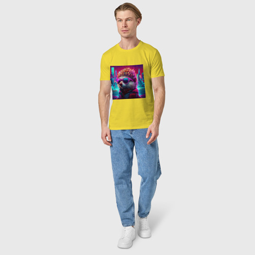 Мужская футболка хлопок с принтом Ежик на фоне неонового города, вид сбоку #3