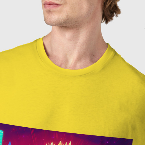 Мужская футболка хлопок с принтом Ежик на фоне неонового города, фото #4