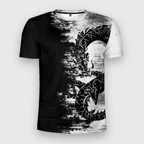 Мужская футболка 3D Slim с принтом Японский дракон тёмный, вид спереди #2