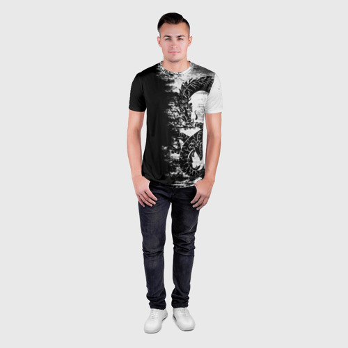 Мужская футболка 3D Slim с принтом Японский дракон тёмный, вид сбоку #3