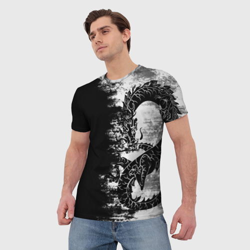 Мужская футболка 3D с принтом Японский дракон тёмный, фото на моделе #1