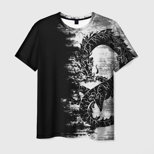 Мужская футболка 3D с принтом Японский дракон тёмный, вид спереди #2