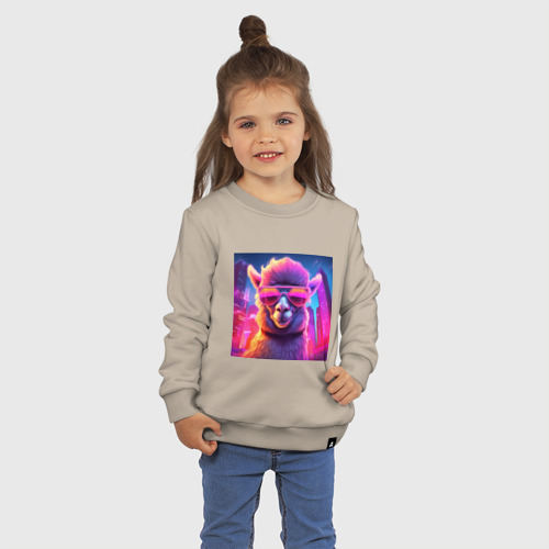 Детский свитшот хлопок с принтом Лама в ярких лучах неона, фото на моделе #1