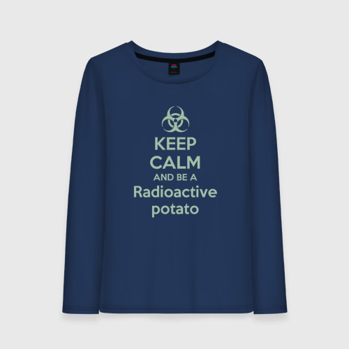 Женский лонгслив хлопок с принтом Keep calm and be a radioactive potato, вид спереди #2