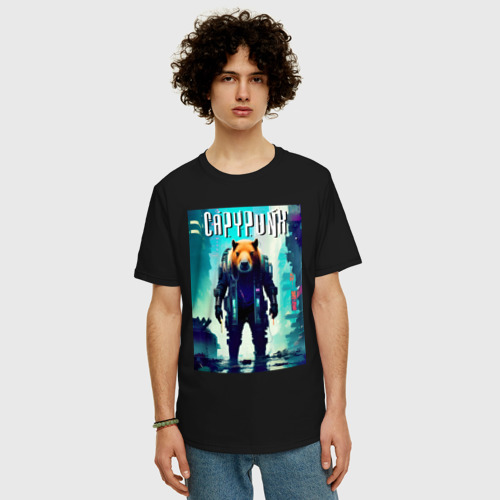 Мужская футболка хлопок Oversize Capypunk - urban style - neural network, цвет черный - фото 3