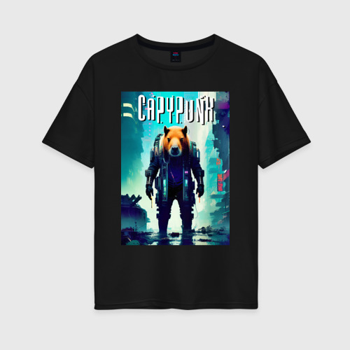 Женская футболка хлопок Oversize Capypunk - urban style - neural network, цвет черный